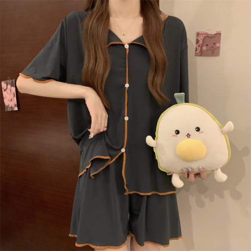 Real shot of new casual versatile lazy style solid color loose home pajamas two-piece set for women