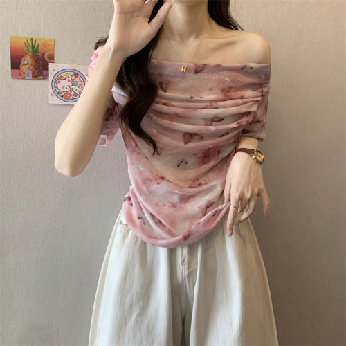 Actual shot of new summer clothes, Butterfly Smoke Powder One-shoulder Print Atmosphere Revealing Collarbone Short-Sleeved Pleated Top for Women