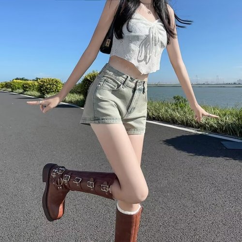 Denim shorts women's summer 2024 new high-waist elastic slimming niche hot girl a-line tight slimming hot pants