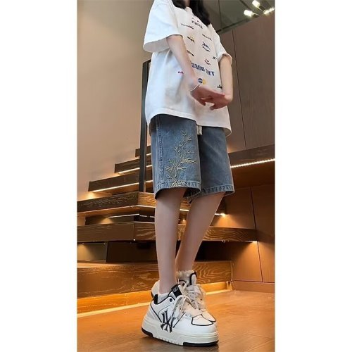 New Chinese style embroidered denim shorts for women summer thin loose retro medium pants trendy brand large size washed 5-point pants