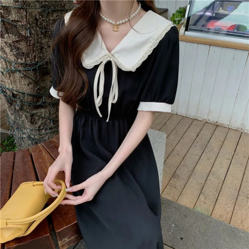 Summer 2024 new college style doll collar dress for women French retro waist slimming mid-length skirt trendy