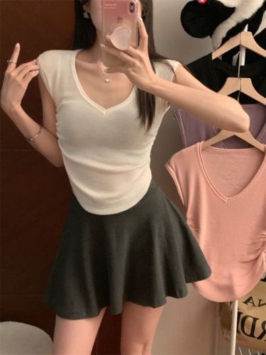 Real shot of Korean style v-neck waist pleated pure desire slim knitted sweater top
