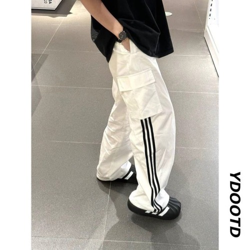 Side color-blocked striped three-stripe track sweatpants American style workwear thin loose casual pants for men and women