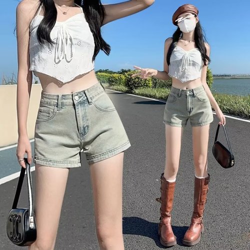 Denim shorts women's summer 2024 new high-waist elastic slimming niche hot girl a-line tight slimming hot pants