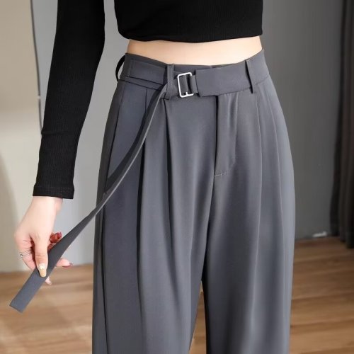 Ice silk suit pants for women in summer, high-waisted, narrow wide-leg pants for small people, slim floor-length black straight pants