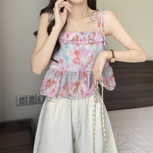 Actual shot~New sweet oil painting flower suspender top for women