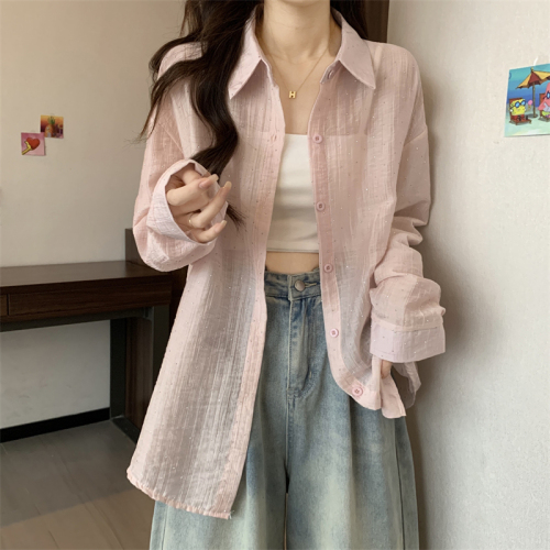 Real shot ~ New heavy industry hot diamond cardigan slimming colorful diamond sunscreen shirt women's top ➕ solid color suspender base