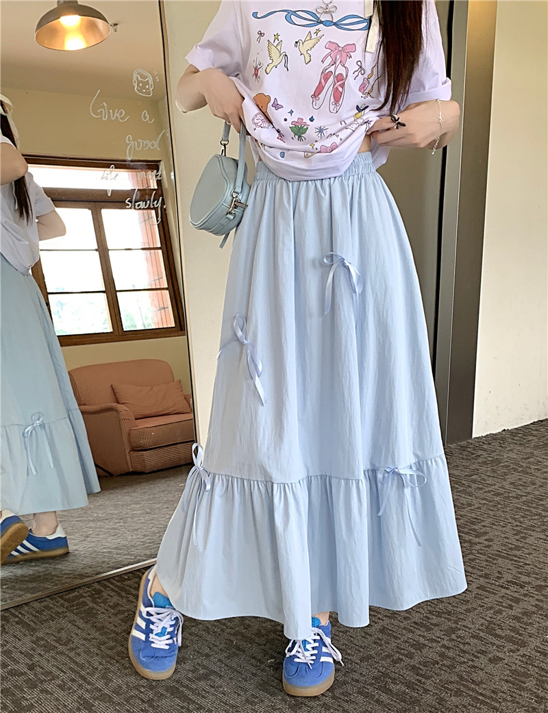 Photographed 2024 Summer New Bow Half-Skirt for Women High-Waisted Slimming Medium-Length A-Line Skirt