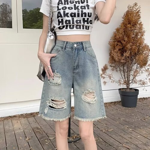 Washed distressed ripped denim shorts women's summer niche design American fashion brand mid-length pants