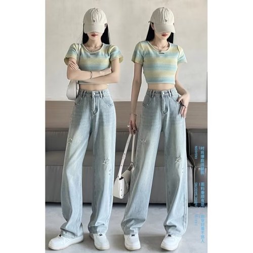 2024 summer new style ripped light-colored jeans for women, high-waisted, flesh-covering, loose straight-leg drapey wide-leg trousers