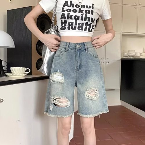 Washed distressed ripped denim shorts women's summer niche design American fashion brand mid-length pants