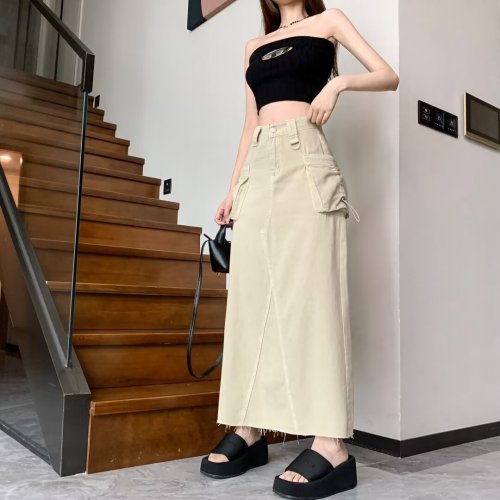 Retro American design high waist slit skirt women's summer niche slim fit versatile drawstring workwear mid-length skirt