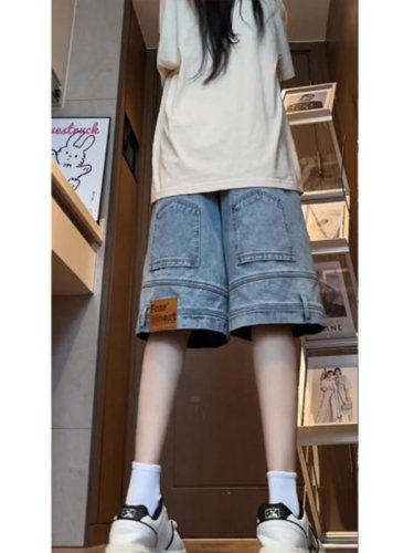 American style inverted denim shorts for women, summer trendy brand, loose, washed, handsome, casual mid-length pants