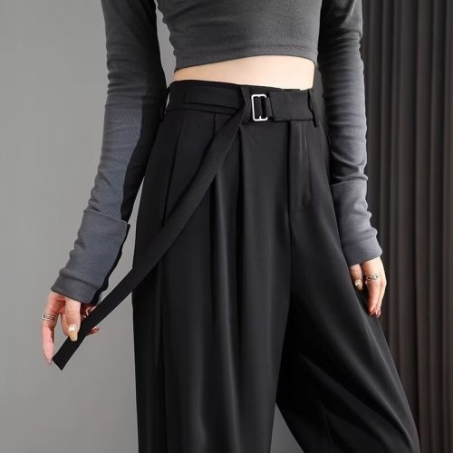 Ice silk suit pants for women in summer, high-waisted, narrow wide-leg pants for small people, slim floor-length black straight pants