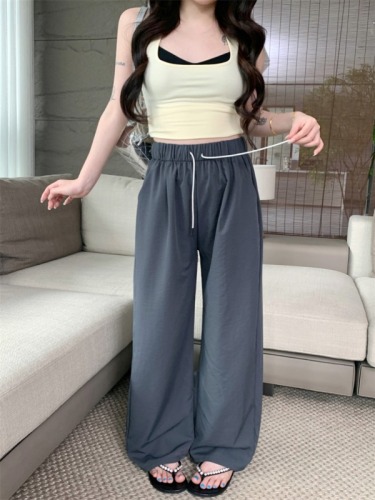 Actual shot of new summer style elastic waist and drapey drawstring wide-leg casual pants, loose, fashionable and versatile, slimming trousers