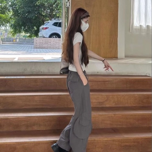 Retro hot girl straight overalls casual pants for girls summer 2024 new high waist pocket floor mopping pants trend