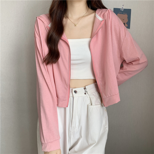 Real shot~New sun protection long-sleeved loose zipper cardigan hooded shirt for women + solid color suspender base