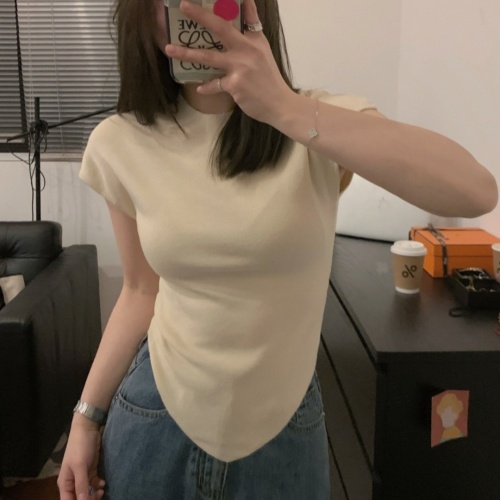 小立领精zhi韩系姐姐2024夏季显瘦风弧边A4腰针织短袖T恤