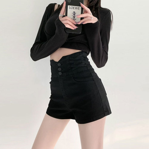 Summer 2024 new design high-waisted black MM large size denim shorts women's a-line shorts hot pants