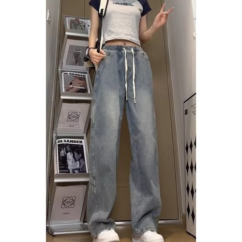 Jeans for men and women, thin summer American fashion brand solid color wide leg loose straight casual pants teenagers long pants