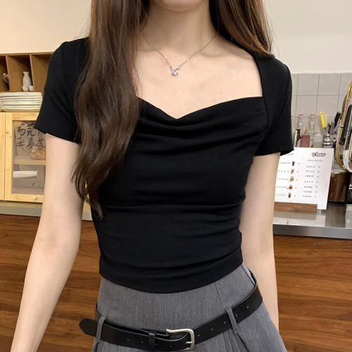 Actual pictures, design, swing collar, square collar, slim fit T-shirt for women, new summer style, super nice short-sleeved top for small people