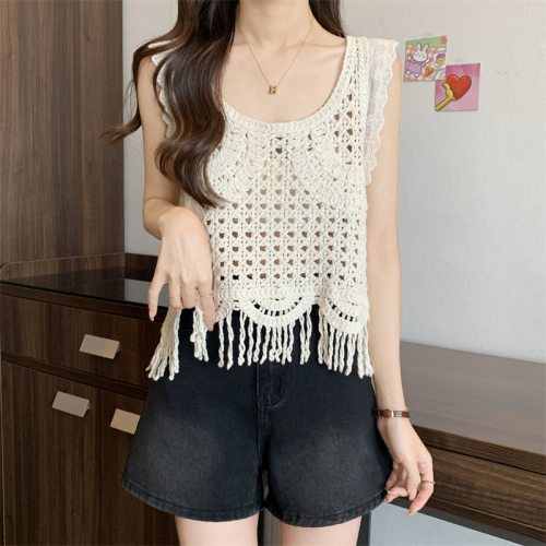 Actual shot of new niche design hollow tassel vest for women summer sleeveless vest hot girl top