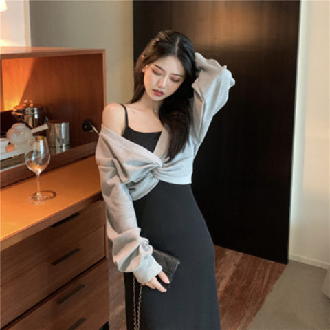 Fashion suit for women 2024 summer new Korean style twisted long-sleeved top + suspender dress temperament two-piece set