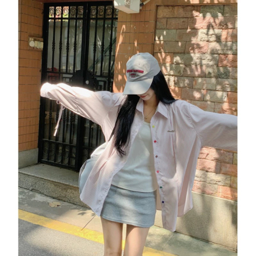 Striped long-sleeved shirt for women, chic design, colorful button-up shirt, spring and summer new loose sun protection top
