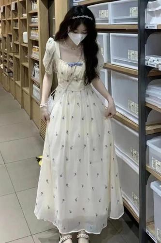 French gentle style, super fairy and sweet temperament, puff sleeve floral dress, summer new style, waist-cinching long skirt for female students