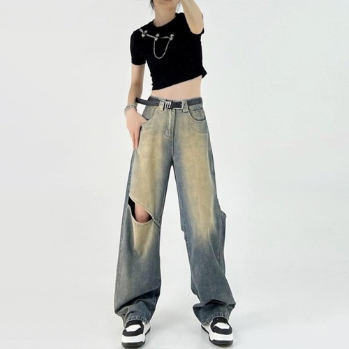 Ripped nostalgic color jeans for women 2024 summer new style high-waisted loose slimming straight-leg versatile floor-length wide-leg pants for women