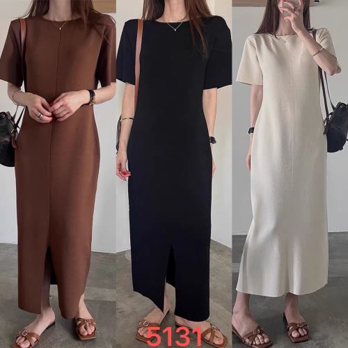 Korean chic summer high-end retro round neck loose casual knee-length long slit short-sleeved knitted dress for women