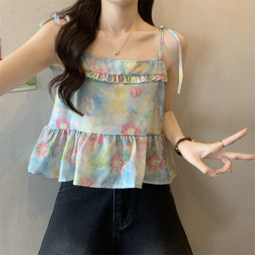 Actual shot~New sweet oil painting flower suspender top for women