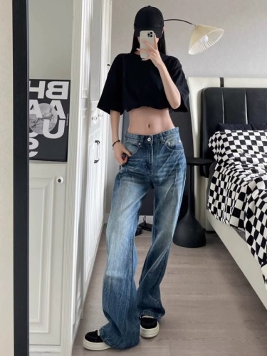 American high street vibe lightning burst pattern blue jeans women's trendy straight-leg slightly flared cleanfit slimming pants