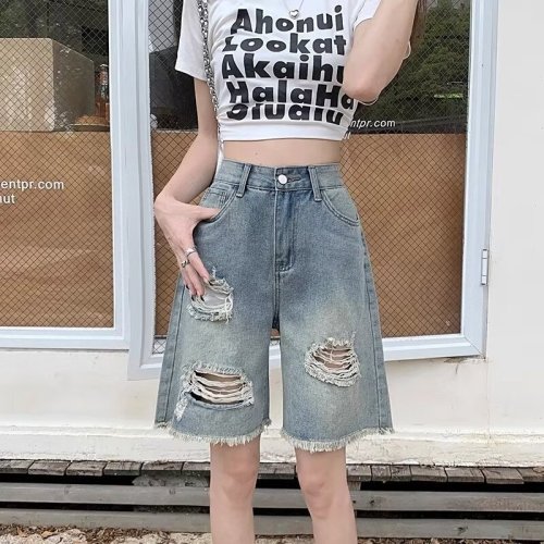 Washed distressed ripped denim shorts women's summer niche design American fashion brand mid-length pants