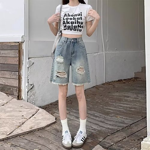 Washed distressed ripped denim shorts women's summer niche design American fashion brand mid-length pants