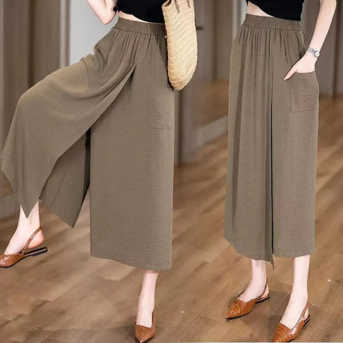 Summer thin, loose, high-waisted, slit, lazy-style casual skirt pants with thick hips and thighs, slimming eight-point wide-leg pants for women