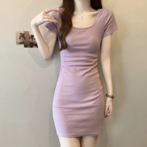 Real shot of pure cotton 2024 summer square neck short-sleeved women's dress slim solid color