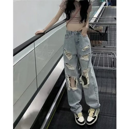 Personalized old washed holed retro blue jeans for women summer new high-waisted loose slimming wide-leg long pants