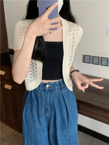Real shot of ice silk knitted cardigan women's thin vest jacket sun protection blouse short top shawl outer wear