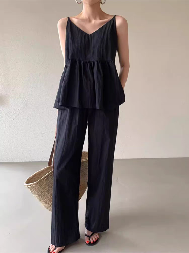 Korean chic V-neck versatile pleated vest top + high-waisted casual wide-leg trousers set