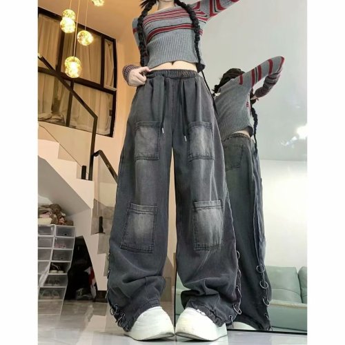 American retro high street floor-length wide-leg jeans for men and women 2024 loose and versatile straight-leg workwear wide-leg trousers