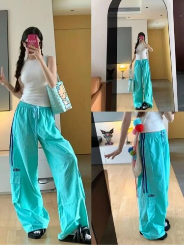 American retro three-stripe overalls for women, sweet and cool dopamine pants, high-waisted casual straight-leg wide-leg sports pants