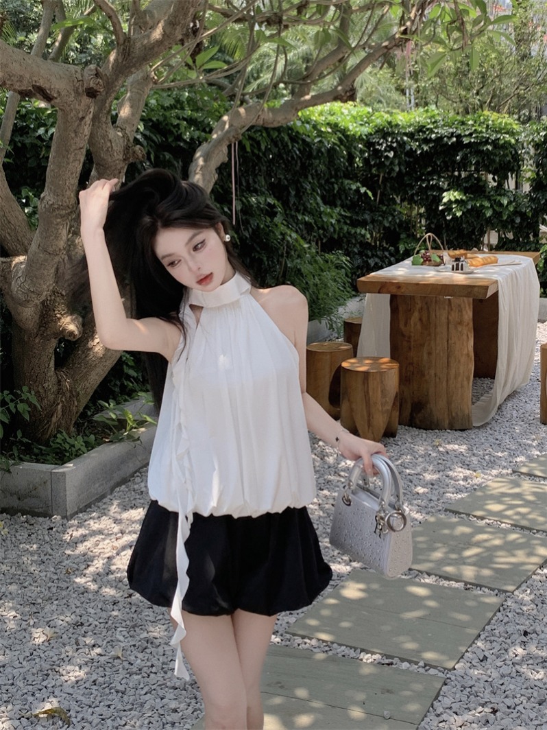 Ice bud niche design stretchy loose off-shoulder halter neck sleeveless vest for women