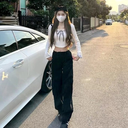 Retro hot girl straight overalls casual pants for girls summer 2024 new high waist pocket floor mopping pants trend