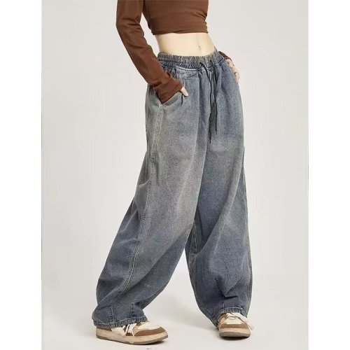 American retro loose wide-leg jeans for men and women, trendy washed gradient straight casual trousers