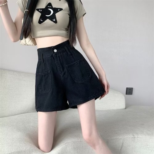 Summer new women's casual shorts black straight jeans simple versatile loose shorts