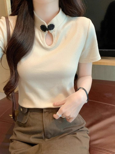 New Chinese style plate buckle national style embroidered top early spring 2024 new short-sleeved women's summer half turtleneck bottoming T-shirt T