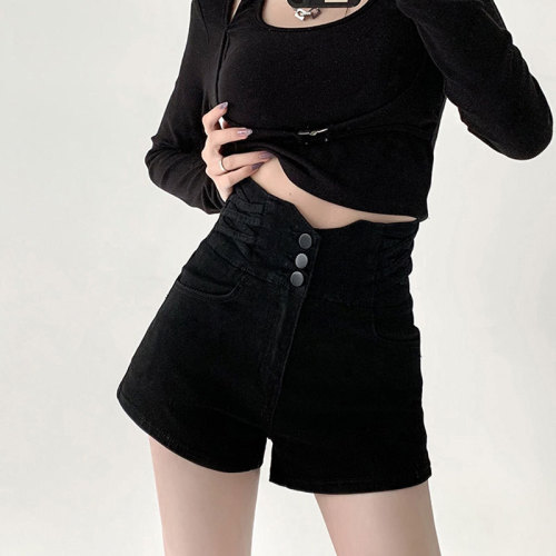 Summer 2024 new design high-waisted black MM large size denim shorts women's a-line shorts hot pants