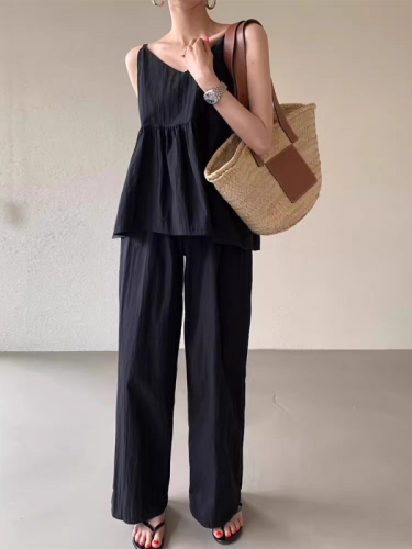 Korean chic V-neck versatile pleated vest top + high-waisted casual wide-leg trousers set