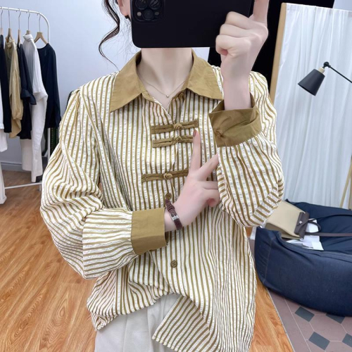 Striped splicing button-up shirt for women 2024 spring and summer new Chinese style long-sleeved contrasting color age-reducing design top